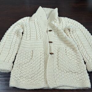 Handmade Chunky Fisherman Style Cardigan Cream Colored Pockets Wood Toggle